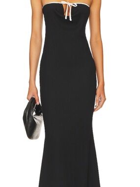Strapless Black Maxi Dress with Cream Trim Tie - City Streets